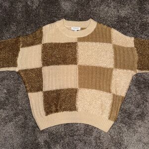 Gilli Patchwork Knit Sweater in Tan and Cream
